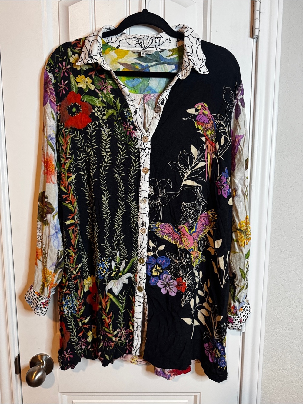 John Mark Blouse Womens XL Black Floral Bird Mixed Print Button Front Tunic Boho